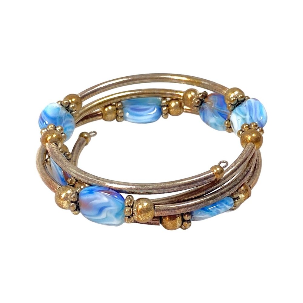 Memory Wire Wrap Bracelet OS Mixed Metals Lampwork Art Glass Bead Boho Gypsy